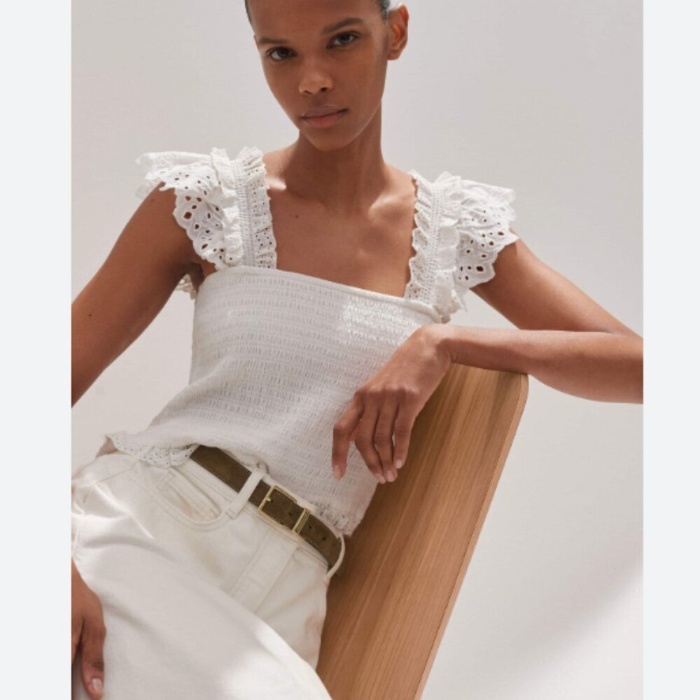 ME+EM White Cotton Delicate Broderie Shirred Top smocked flare 10 tank cropped - Picture 9 of 9